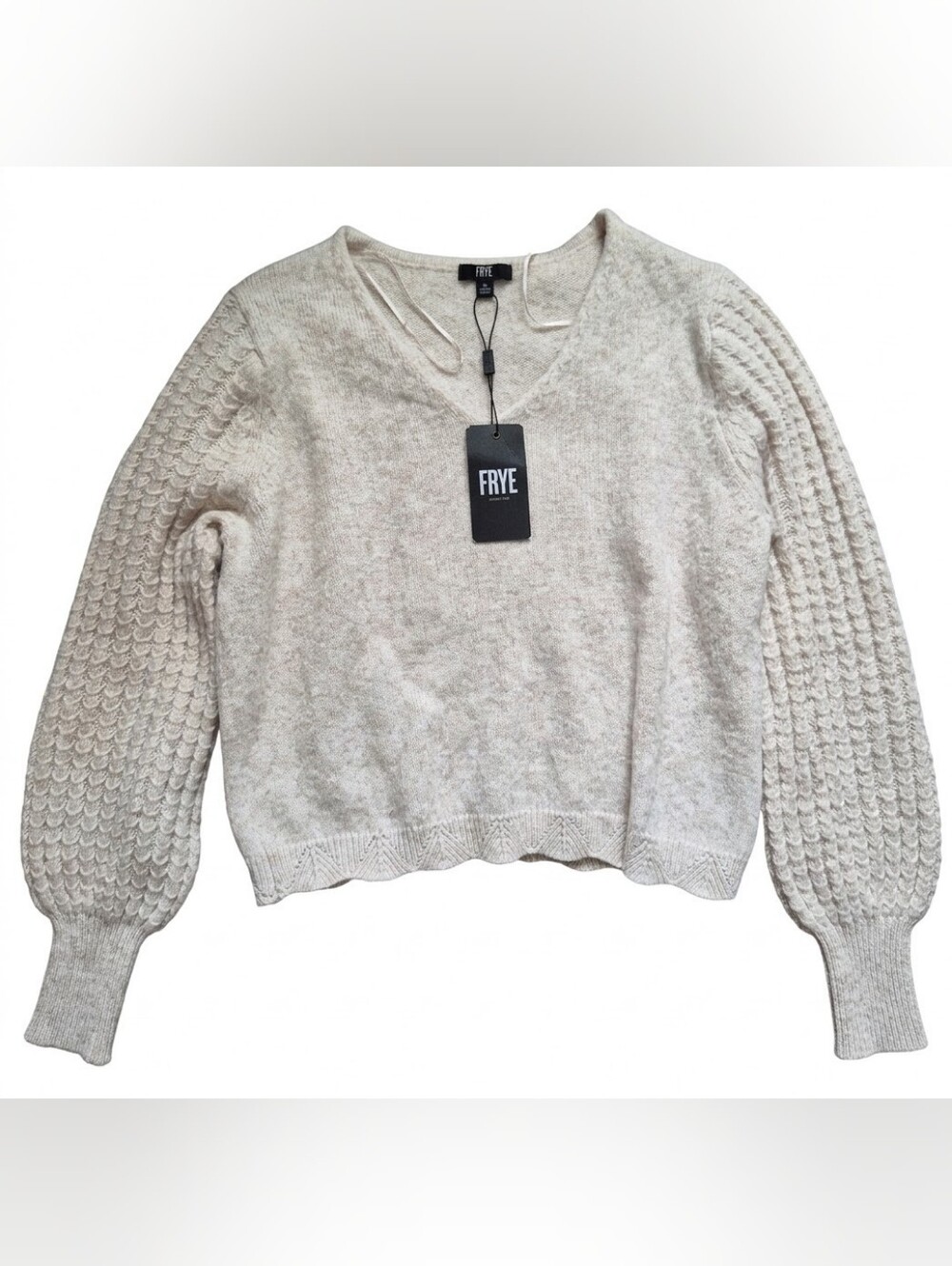 NWT FRYE Cream V-Neck Cable Sleeve Knit Sweater